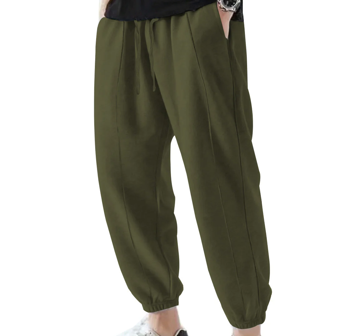 Solid color plus-size men's casual pants, loose lace-up pants